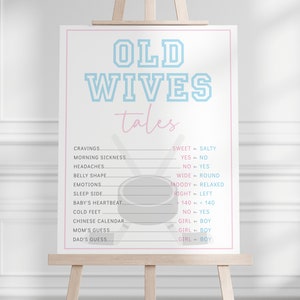 May include: A pink and blue printable "Old Wives Tales" game for a baby shower. The game features a list of pregnancy symptoms and questions with yes or no answers. The game is decorated with a hockey stick and puck.