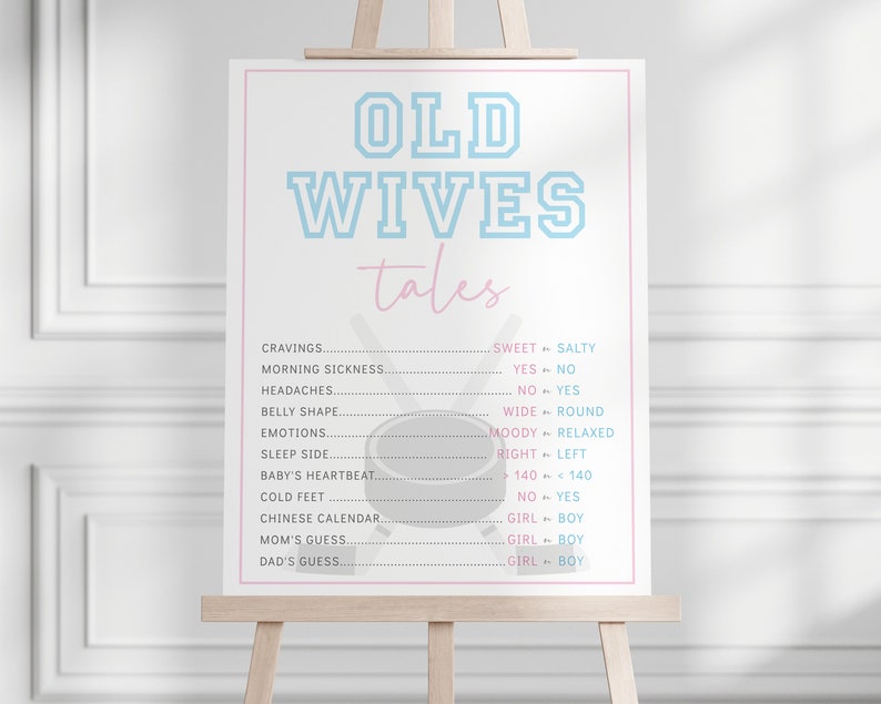 May include: A pink and blue printable "Old Wives Tales" game for a baby shower. The game features a list of pregnancy symptoms and questions with yes or no answers. The game is decorated with a hockey stick and puck.