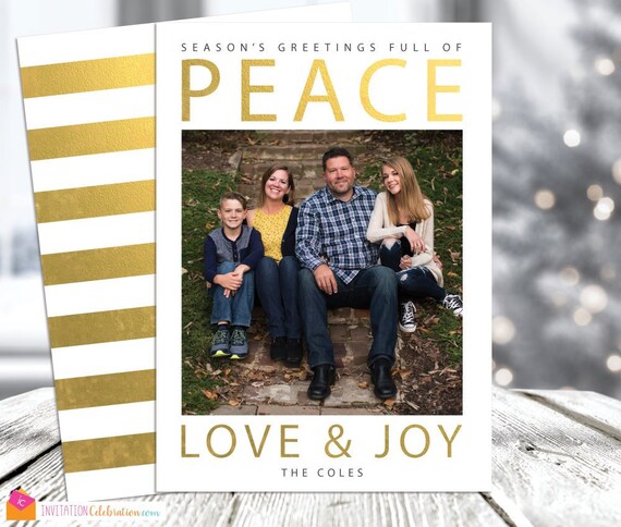 Gold Christmas Card - PEACE - Holiday Picture Card - Gold Shimmer Foil - Peace Love Joy - Modern Christmas Card - Digital or Printed Il_570xn