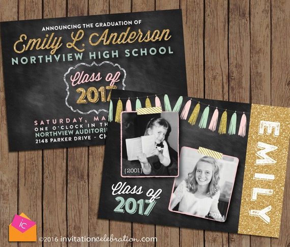 Now and Then Graduation INVITATION, Graduation ANNOUNCEMENT, Baby Picture Graduation, Mint Pink Gold - Choose Digital or Printed w/Envelopes Il_570xn