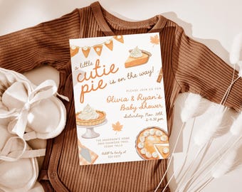 Plantilla editable de invitación para baby shower con temática de pastelitos / Invitación mixta para Acción de Gracias de otoño / Plantilla de Corjl para baby shower con temática de pastel de calabaza