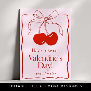 Tarjeta de San Valentín con lazo de cerezas, plantilla editable, tarjeta de San Valentín escolar con estética preppy, tarjeta de San Valentín imprimible para niñas