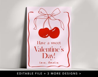 Cherry Valentine - Coquette Bow Valentine Card, Editable Template - Preppy Aesthetic School Valentine Card - Printable Valentine for Girls
