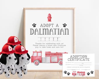 Adopt a Dalmatian Certificate and Sign, Firetruck Party Favor, Adopt a Dog Sign, Adoption Certificate, Firehouse Puppy, INSTANT DOWNLOAD