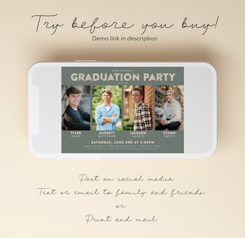 Joint Graduation Party Invitation Four Person Grad Party Invite Siblings, Friends, Photos, Minimalist, Class of 2024 Editable Template image 5
