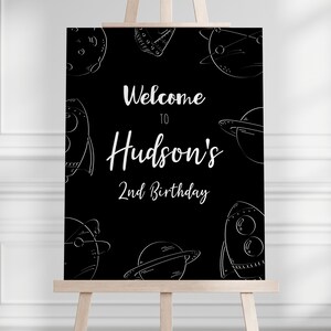 Space Welcome Sign - Monochromatic - Planets Moon Birthday Party Decor, Rocket, Black and White, Easel Sign - Editable Template - ANY AGE