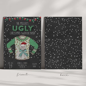 May include: A black and white invitation for a Christmas sweater party. The invitation features a cartoon illustration of a green Christmas sweater with a cat wearing a Santa hat. The text on the invitation reads "The Miller's Ugly Christmas Sweater Bash" and includes the date, time, and location of the party.