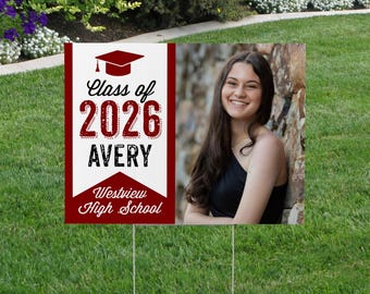 Graduation Yard Sign - Class 2026 Lawn Sign - Outdoor Sign - Maroon Senior Photo Yard Sign - Custom Colors - FREE SHIPPING