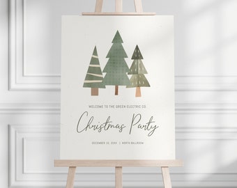 Signo neutro de fiesta de Navidad - Signo de bienvenida de fiesta navideña minimalista - Árboles nórdicos - Entrada - 2 tamaños, plantilla EDITABLE - BRICOLAJE