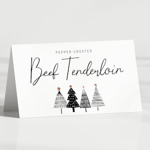 Tarjetas de carpa para comida de fiesta navideña en blanco y negro, tarjetas de lugar, tarjetas de buffet festivo, etiquetas, dobladas, árbol de Navidad minimalista, EDITABLE, hazlo tú mismo