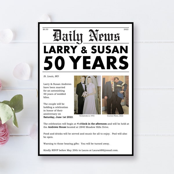 Anniversary Party Invitation - Milestone - 50th Anniversary - 25th - 40th - Newspaper - Wedding Anniversary Photo - Digital - EDITABLE - DIY