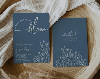 Invitación "Un bebé está en flor", invitación para baby shower en azul polvoriento, invitación digital con flores silvestres, invitación floral para baby shower, plantilla editable