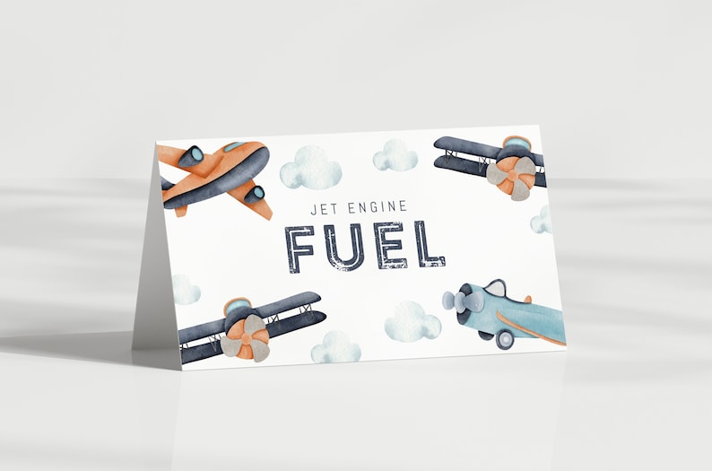 Airplane Birthday Tent Cards Vintage Plane Food Labels Airplane Party Decor Place card Buffet Cards Folded EDITABLE template