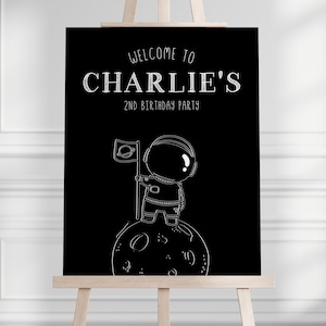 Space Sign - First Launch Birthday - Man on the Moon - Outer Space Party, Astronaut Welcome Sign, Black and White, Editable Template