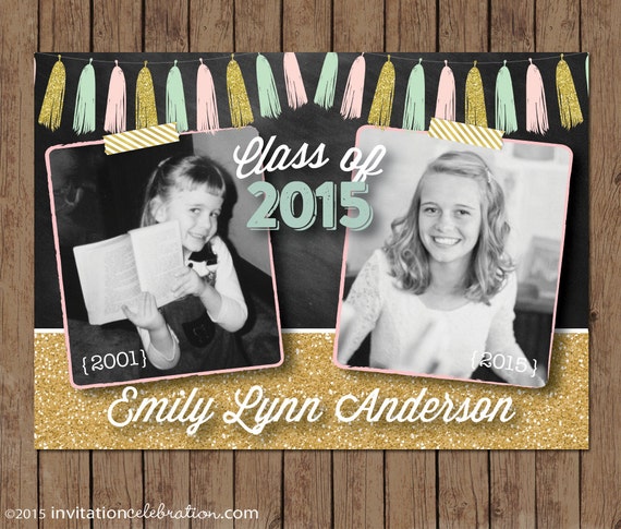 Mint Graduation - Now and Then - Baby Picture - Pink Gold Glitter Retro - Double Sided - Choose Digital or Printed w/ Envelopes Il_570xn