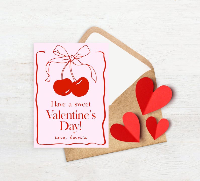 May include: A pink card with a red cherry illustration and the text "Have a sweet Valentine's Day! Love, Amelia."