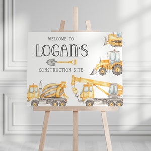 May include: Welcome to Logan's Construction Site sign featuring a watercolour illustration of construction vehicles, including a cement mixer, a crane, a bulldozer, and a shovel.