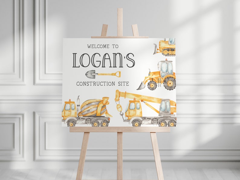 May include: Welcome to Logan's Construction Site sign featuring a watercolour illustration of construction vehicles, including a cement mixer, a crane, a bulldozer, and a shovel.