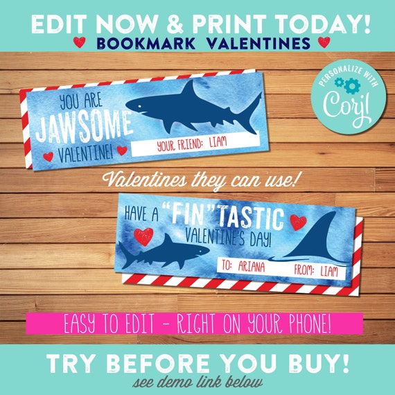 Shark Valentine Bookmarks - Editable - INSTANT DOWNLOAD - Jaws Kids Valentine - Boy Valentine - Edit Signature and Name, Font and Text Color Il_570xn