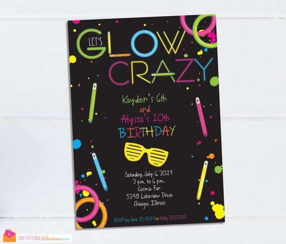 Glow Crazy Invitation - Glow Party Invitation - Double Birthday - Joint Birthday - Glow in the Dark - Neon - Cosmic - Kids Birthday Party Il_570xn