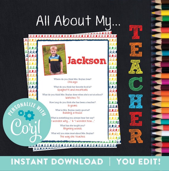 Preschool Teacher Christmas Gift - All About My Teacher - Teacher Appreciation Gift - Kindergarten - INSTANT DOWNLOAD - You Edit Now! Il_570xn