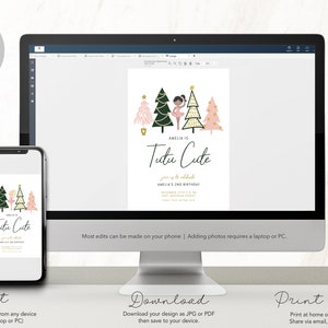 May include: A printable invitation for a girl's birthday party. The invitation features a cartoon illustration of a young girl wearing a pink tutu and dancing in front of pink and green Christmas trees. The text on the invitation reads "Amelia is Tutu Cute" and "Join us to celebrate Amelia's 2nd Birthday".
