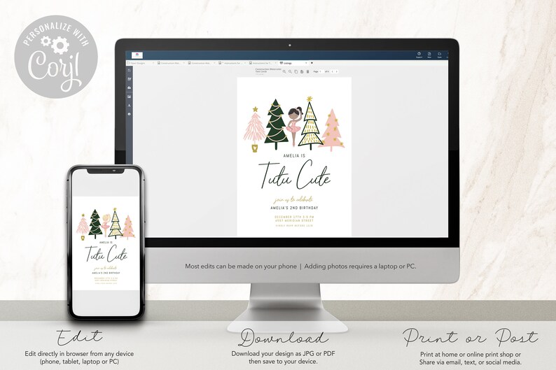 May include: A printable invitation for a girl's birthday party. The invitation features a cartoon illustration of a young girl wearing a pink tutu and dancing in front of pink and green Christmas trees. The text on the invitation reads "Amelia is Tutu Cute" and "Join us to celebrate Amelia's 2nd Birthday".