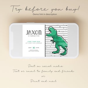 TREX 誕生日招待状 - T-Rex パーティー - 恐竜招待状 - ティラノサウルス - モダン - 水彩画 - 編集可能なテンプレート - DIY 画像 6