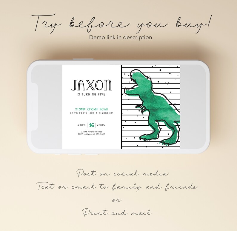 TREX 誕生日招待状 - T-Rex パーティー - 恐竜招待状 - ティラノサウルス - モダン - 水彩画 - 編集可能なテンプレート - DIY 画像 6