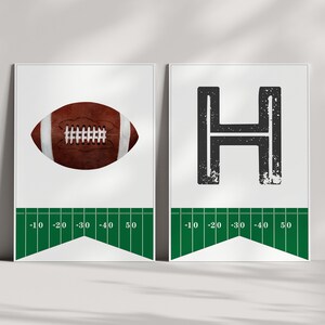May include: Two printable football-themed pennants with a football and the letter "H" on a white background. The pennants have a green football field design at the bottom with yard lines marked from -10 to 50.