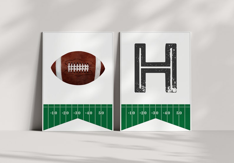 May include: Two printable football-themed pennants with a football and the letter "H" on a white background. The pennants have a green football field design at the bottom with yard lines marked from -10 to 50.