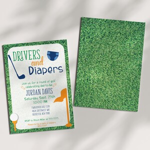 Puede incluir: Una tarjeta de invitaci&oacute;n verde y blanca con un palo de golf y un pa&ntilde;al. El texto en la tarjeta dice "Drivers and Diapers" y "&Uacute;nete a nosotros para una ronda de golf celebrando al futuro pap&aacute; Jordan Davis S&aacute;bado, 25 de septiembre 10:00 AM Twin Rivers Golf Club 4826 Southwest Way Rochester, Nueva York RSVP a Klison Milar al 555-5555 Por favor, trae un paquete de pa&ntilde;ales (cualquier tama&ntilde;o)"