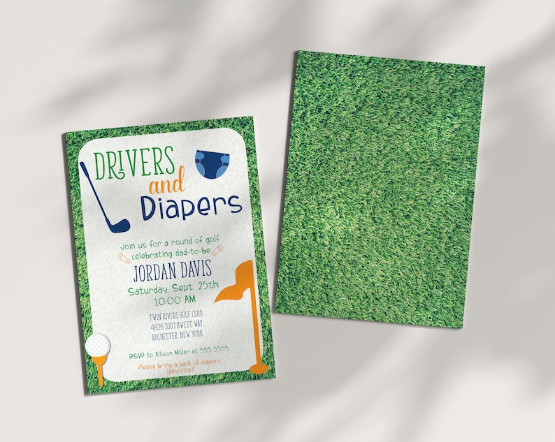 Puede incluir: Una tarjeta de invitaci&oacute;n verde y blanca con un palo de golf y un pa&ntilde;al. El texto en la tarjeta dice "Drivers and Diapers" y "&Uacute;nete a nosotros para una ronda de golf celebrando al futuro pap&aacute; Jordan Davis S&aacute;bado, 25 de septiembre 10:00 AM Twin Rivers Golf Club 4826 Southwest Way Rochester, Nueva York RSVP a Klison Milar al 555-5555 Por favor, trae un paquete de pa&ntilde;ales (cualquier tama&ntilde;o)"