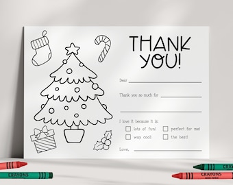 May include: A black and white printable thank you card featuring a Christmas tree, stocking, candy cane, and gift box. The card has lines for writing a message and a section to tick boxes for reasons why you liked the gift. The text on the card says "Thank You!"