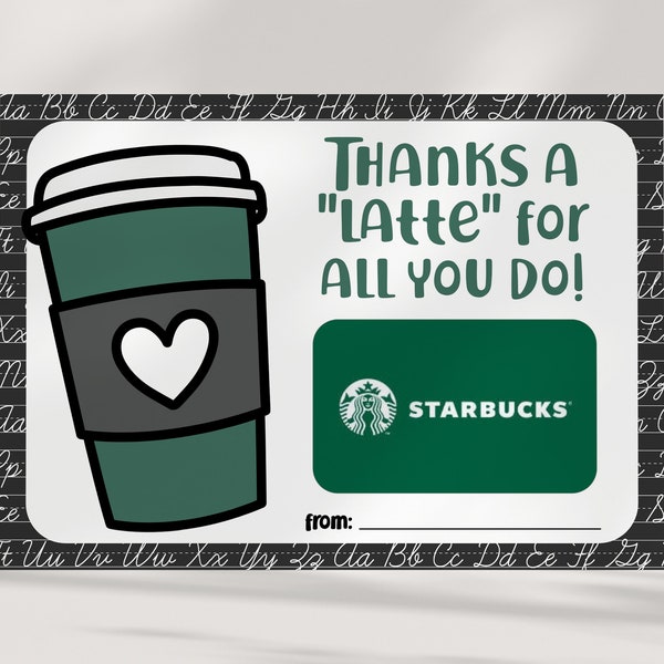 Coffee Gift Card Holder - Thanks a Latte - Teacher Appreciation - Thank You Gift - Printable - INSTANT DOWNLOAD