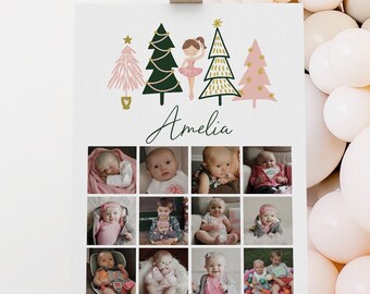 Tutu Cute Photo Template, Winter Ballerina Second Birthday Picture Board, Girl 2nd Birthday Photo Collage Sign, Pink Green Christmas Trees