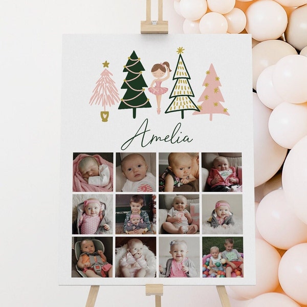 Tutu Cute Photo Template, Winter Ballerina Second Birthday Picture Board, Girl 2nd Birthday Photo Collage Sign, Pink Green Christmas Trees