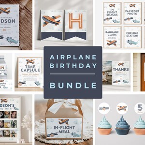May include: An airplane-themed birthday party decoration bundle featuring printed signs, water bottle labels, cupcake toppers, and favor boxes. The designs include illustrations of vintage airplanes, clouds, and text like In-Flight Meal and Hudson.