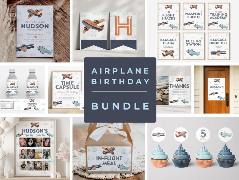 May include: An airplane-themed birthday party decoration bundle featuring printed signs, water bottle labels, cupcake toppers, and favor boxes. The designs include illustrations of vintage airplanes, clouds, and text like In-Flight Meal and Hudson.