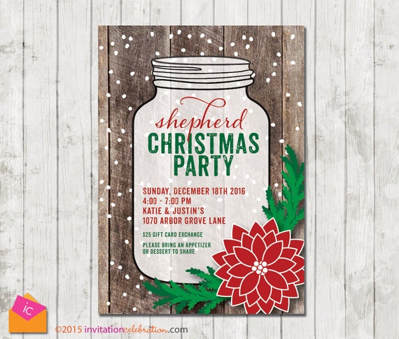 Rustic Christmas Party Invitation - Poinsettia - Vintage - Mason Jar - Choose Digital or Printed w/ Envelopes Il_570xn