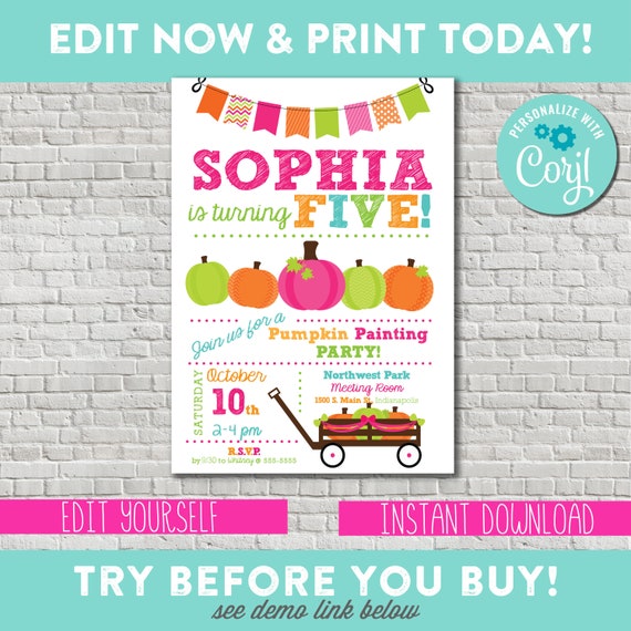 Pumpkin Painting Party Invitation - Editable - Pink - Turquoise - Aqua - Teal - Girl Pumpkin Patch Birthday - You Edit - Instant Access Il_570xn