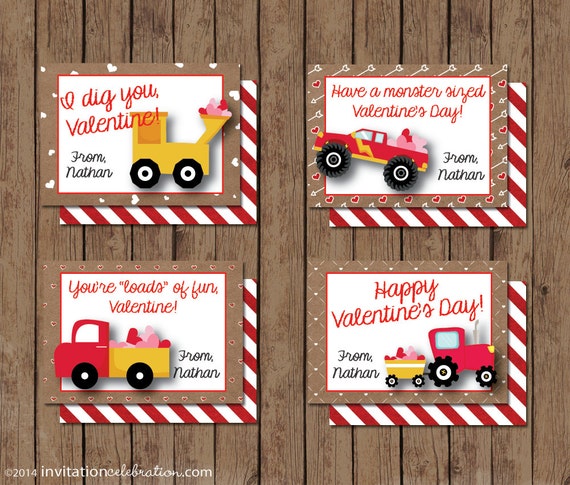 Boy Valentine Cards - PRINTABLE - Construction - Monster Truck - Tractor - Modern - Personalized Il_570xn