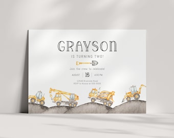 Construction Birthday Party Invitation - Excavator - Dump Truck - Construction Invite - Cement Truck - Corjl Template - EDITABLE - DIY