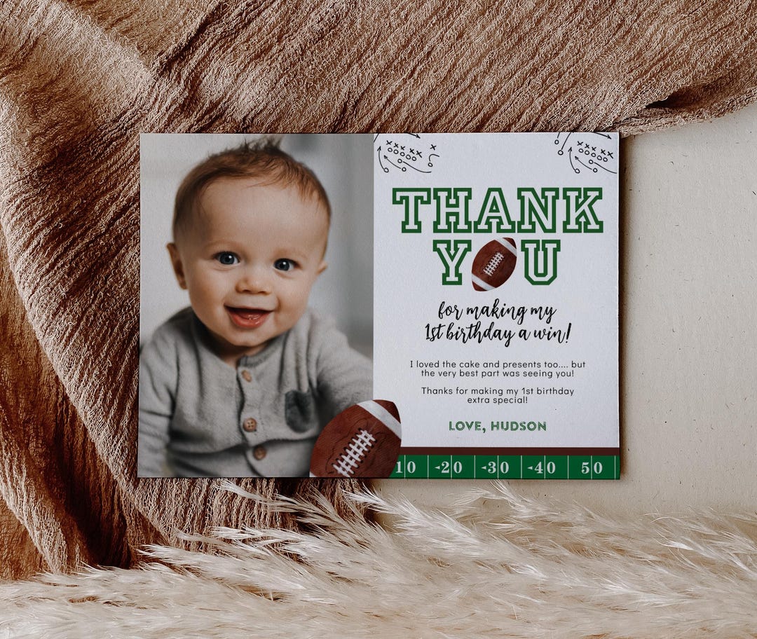 Football Thank You Card With Photo - First Year Down 1st Birthday Party ...