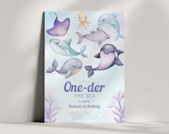 May include: A blue and purple watercolor invitation with a whimsical sea creature theme. The invitation reads "Join us One-der the Sea to celebrate Hudson's 1st Birthday."  The date, time, address, and RSVP information are included.