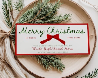 Editable Christmas Gift Certificate, Printable Gift Voucher, Custom Holiday Ticket, Coupon for Event or Experience, Canva Template