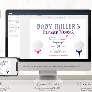 Golf Gender Reveal Party Invitation - Golf Ball - Baby Shower - Pink and Navy - Girl or Boy - Digital - EDITABLE - DIY image 3