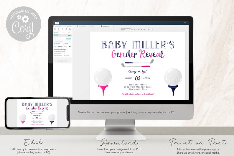 Golf Gender Reveal Party Invitation - Golf Ball - Baby Shower - Pink and Navy - Girl or Boy - Digital - EDITABLE - DIY image 3