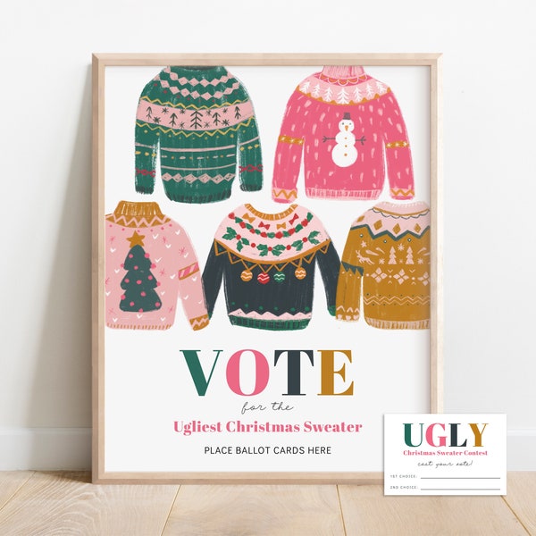 Ugly Christmas Sweater Contest - Ugly Sweater Christmas Party Printable Sign and Ballot Cards - Modern - Ugly Holiday - Editable