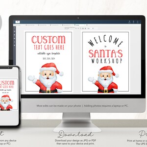May include: Digital Christmas sign templates on a computer monitor and smartphone. The signs feature Santa Claus illustrations and customisable text areas. One sign reads "CUSTOM TEXT GOES HERE," and the other says "WELCOME to SANTA'S WORKSHOP."